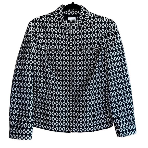 Chicos Jacket Womens Size 1 (US M/8) Black White Print Lined Full‎ Zip Pockets - Picture 1 of 14